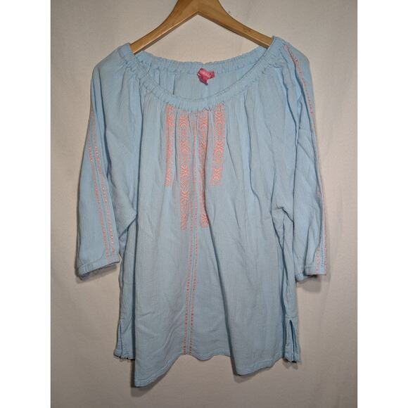 Woman Within Womens Crinkle Blouse Shirt Sz 2X Embroidered Floral Blue Boho - Picture 1 of 7